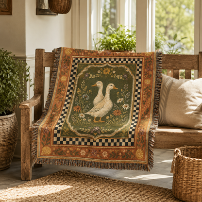 Cottage duck woven blanket draped over a rustic wooden bench