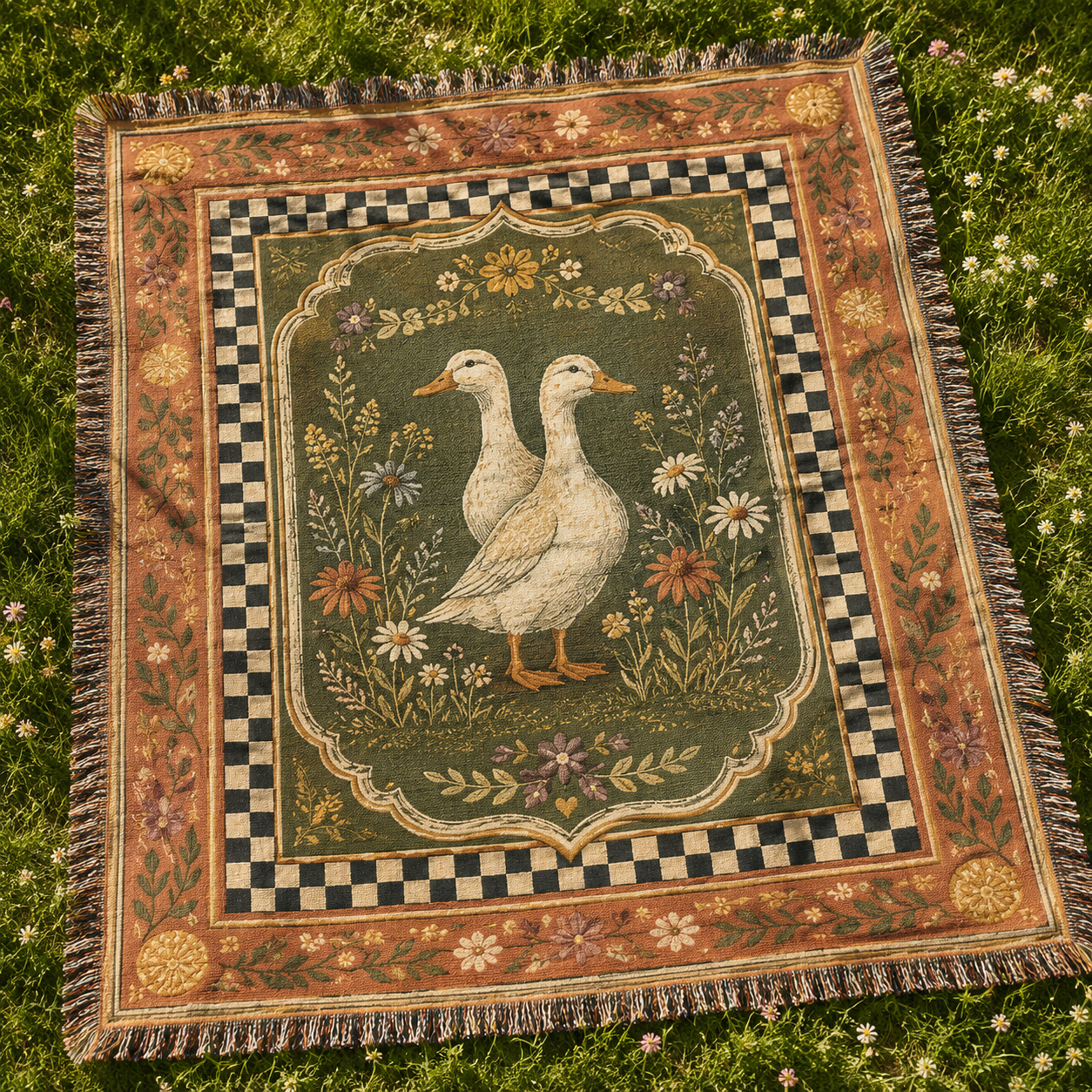 Cottage duck wildflower woven blanket displayed on meadow grass
