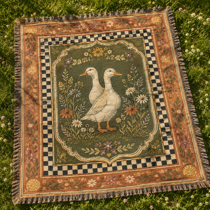Cottage duck wildflower woven blanket displayed on meadow grass