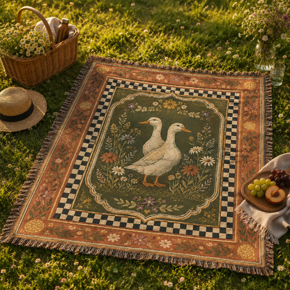 Cottage duck woven blanket used for a golden meadow picnic