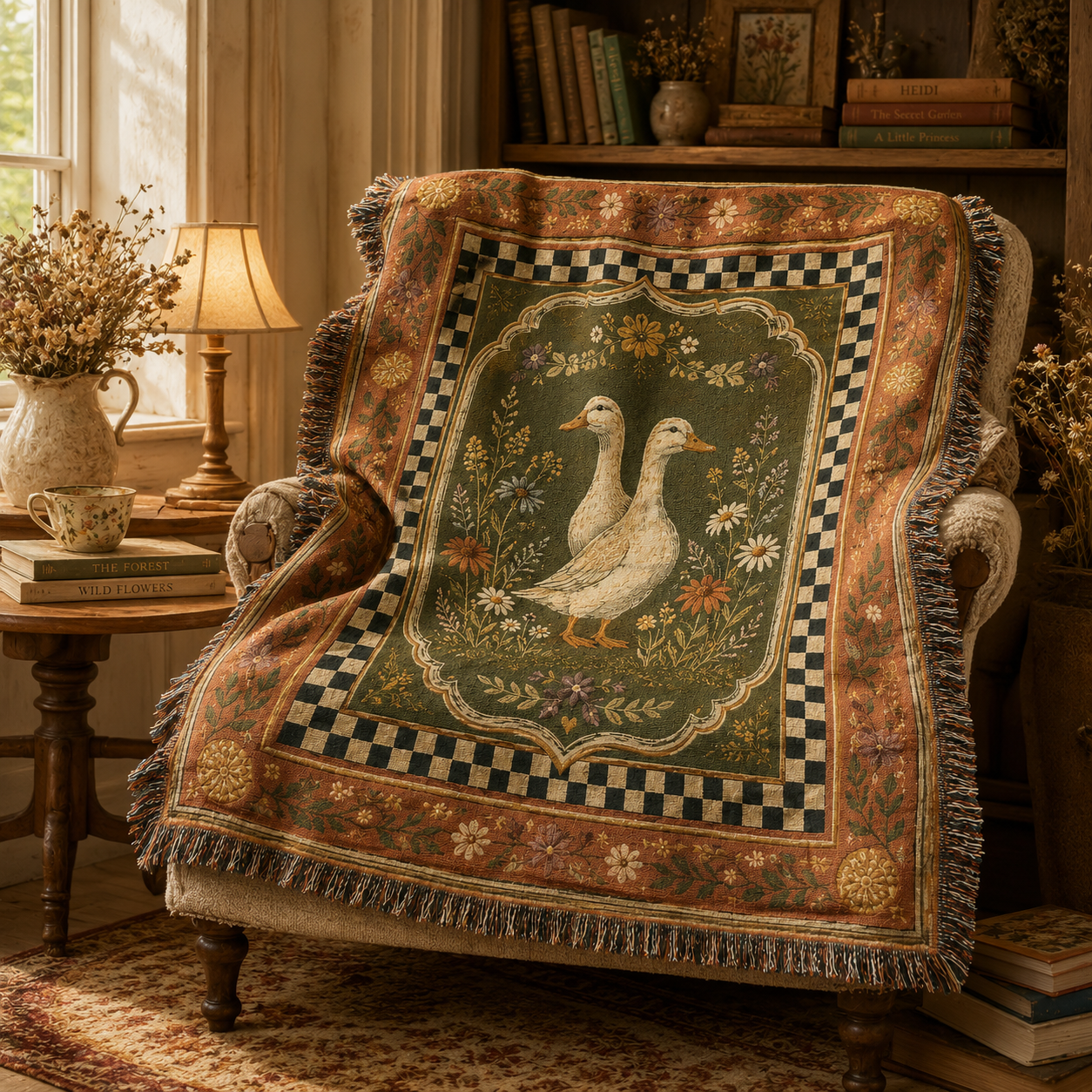 Cottage duck woven blanket in a warm cottage reading nook