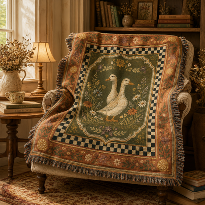 Cottage duck woven blanket in a warm cottage reading nook
