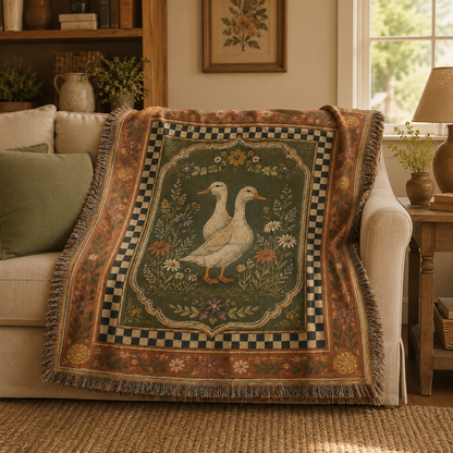 Cottage duck woven blanket styled on a warm farmhouse sofa