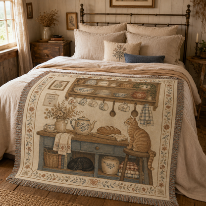 Cottage kitchen cats tapestry throw displayed across a rustic bed