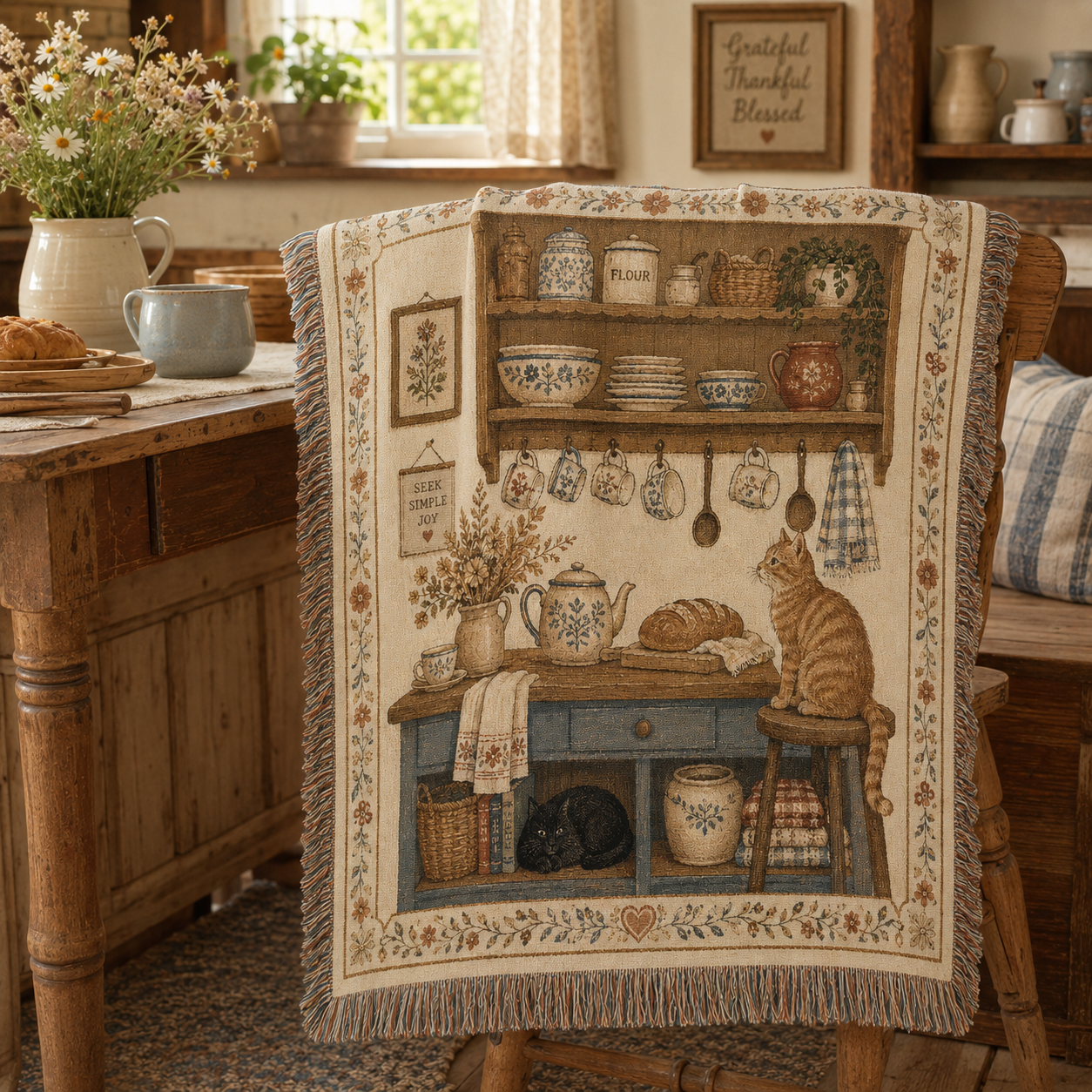 Cottage kitchen cats woven blanket styled in a farmhouse breakfast nook