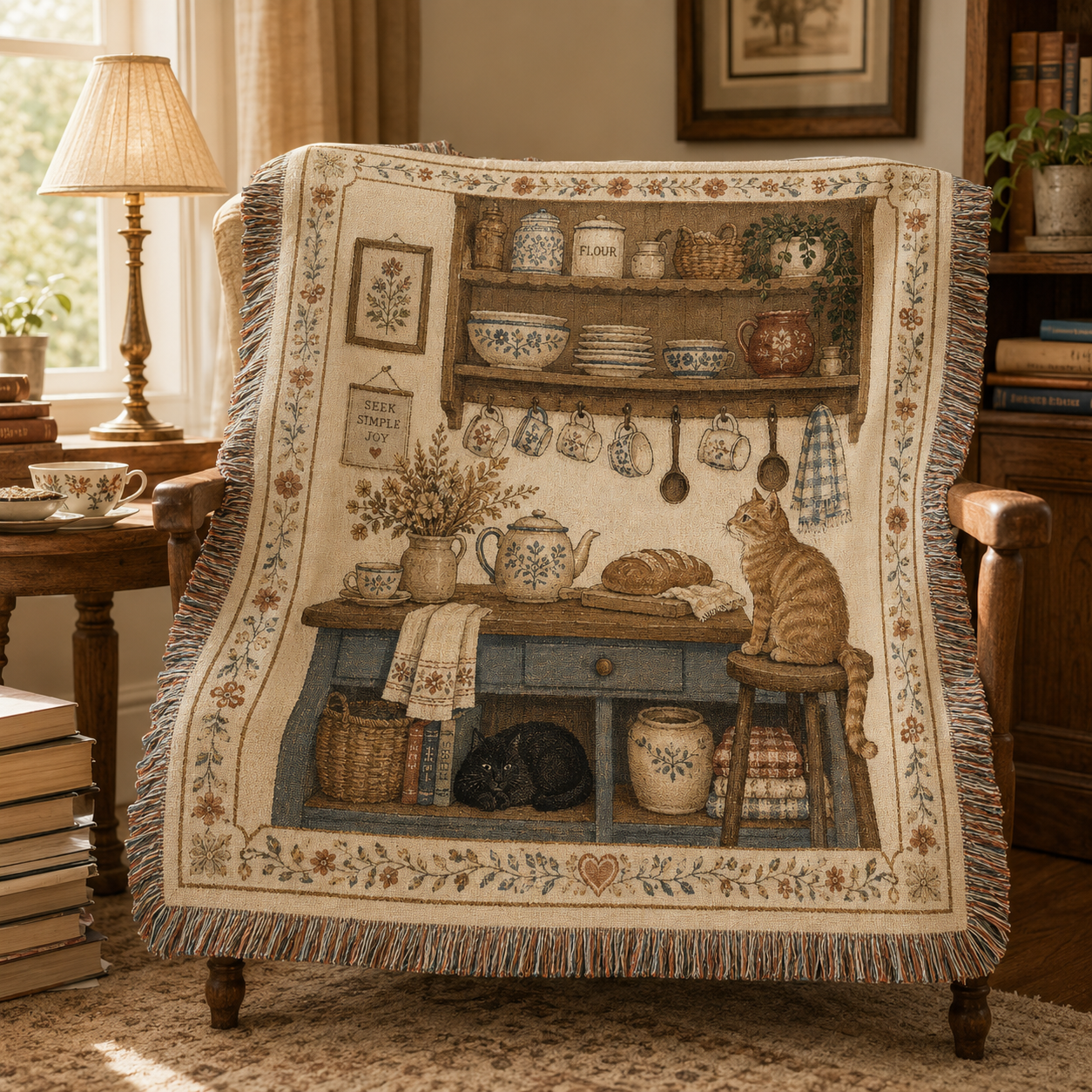 Kitchen cats woven blanket draped over a wooden reading chair
