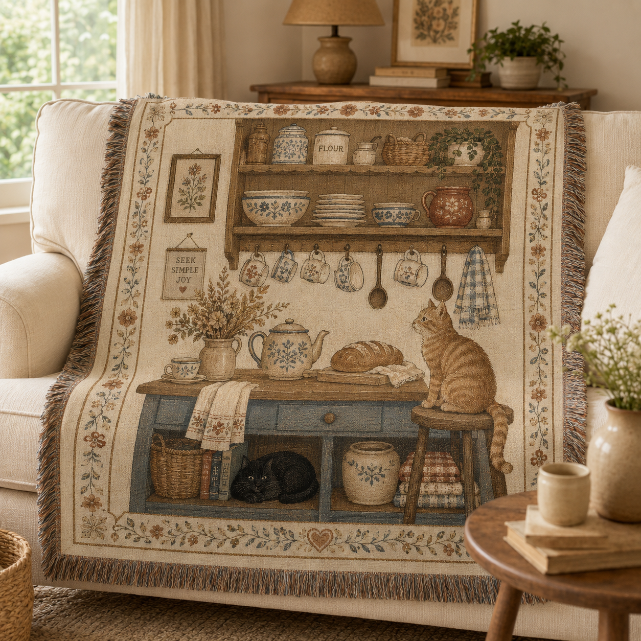 Vintage kitchen cats woven blanket styled on a cream sofa