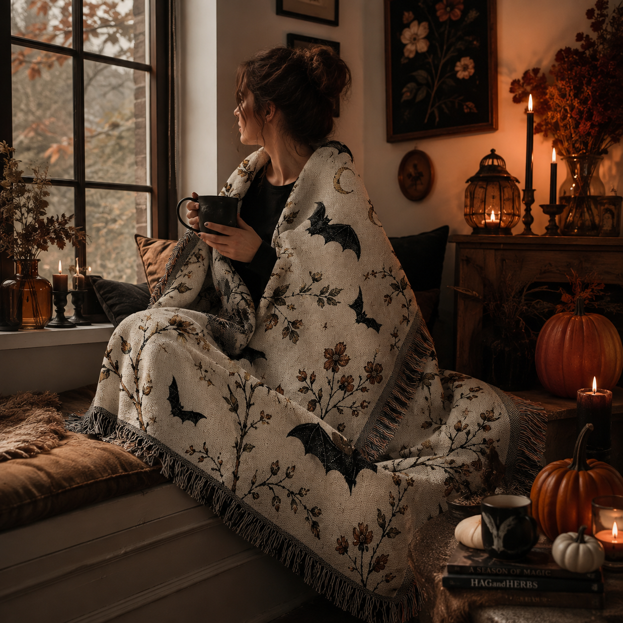 Cozy botanical bat woven blanket used in a Halloween window-seat setting