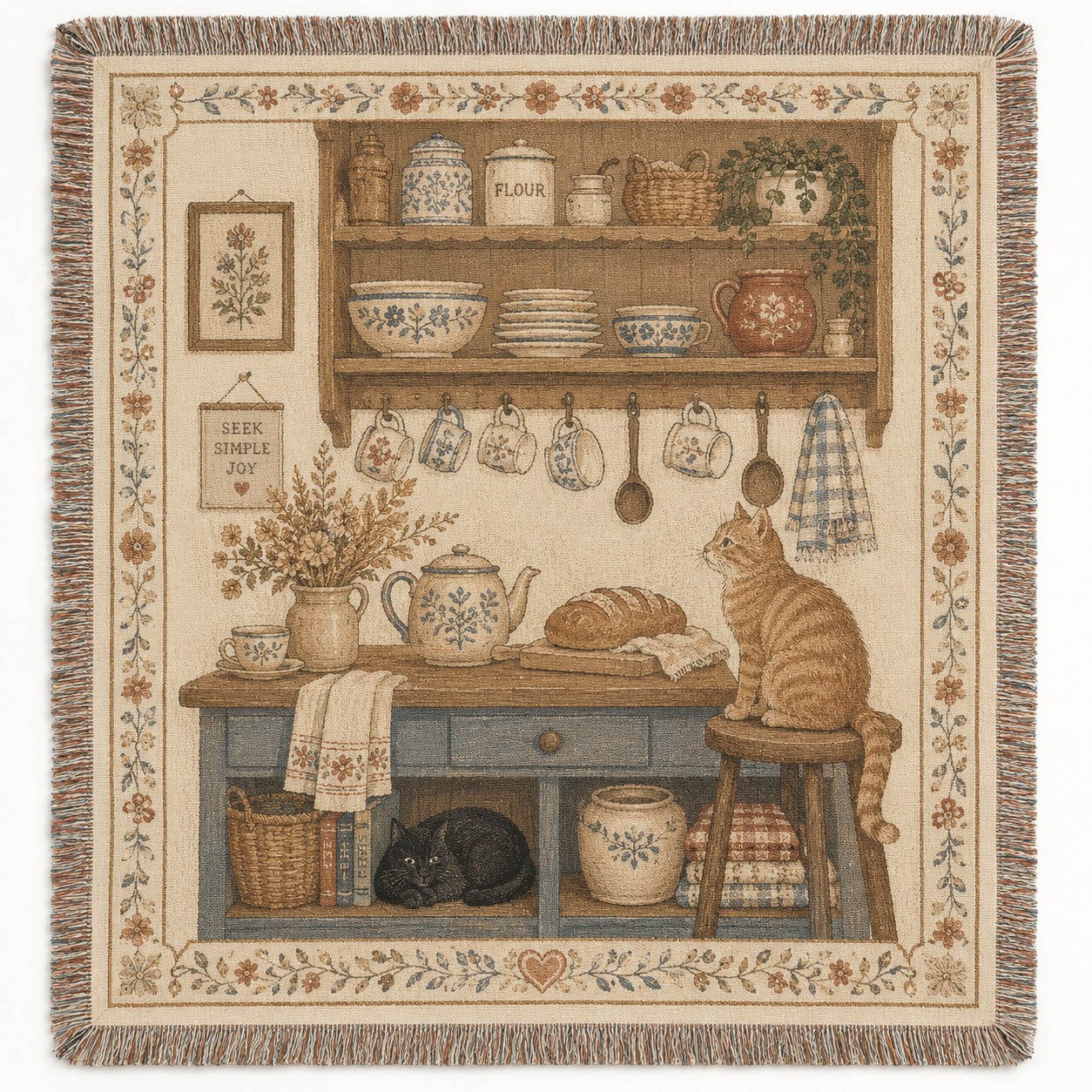 Cozy cottage kitchen cats woven blanket with vintage pantry artwork and fringe