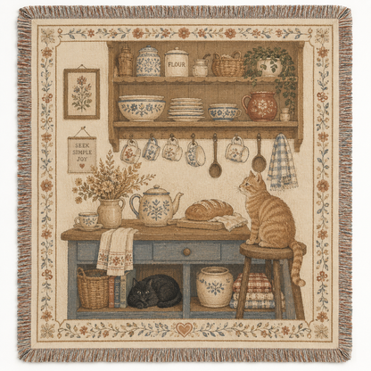 Cozy cottage kitchen cats woven blanket with vintage pantry artwork and fringe