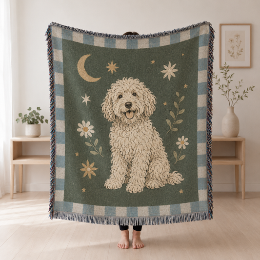 Cozy doodle dog woven blanket full design view