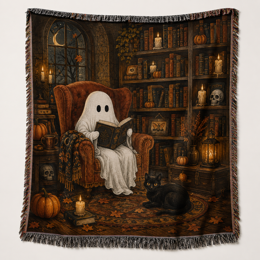 Cozy Halloween ghost reading in a candlelit library with black cat pumpkins books and woven fringe