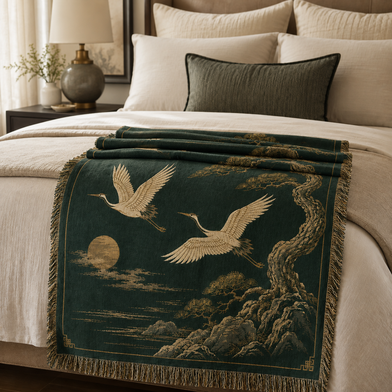 Crane and pine woven blanket folded across the foot of an elegant bed