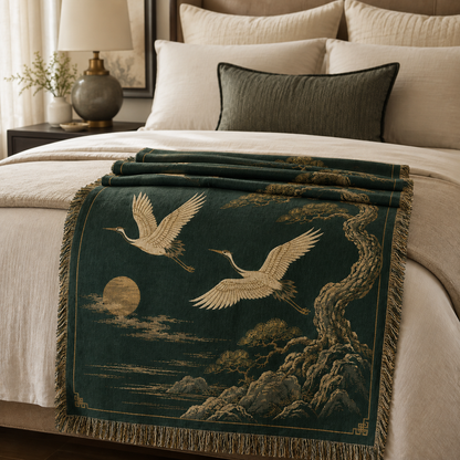Crane and pine woven blanket folded across the foot of an elegant bed