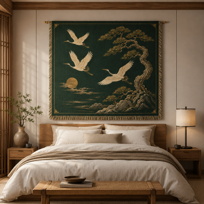 Forest green crane and pine woven blanket displayed above a Japandi bedroom