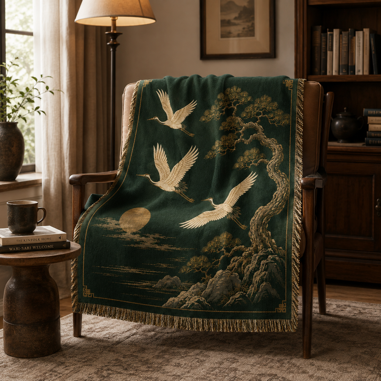 Forest green crane and pine woven blanket draped over a wooden reading chair