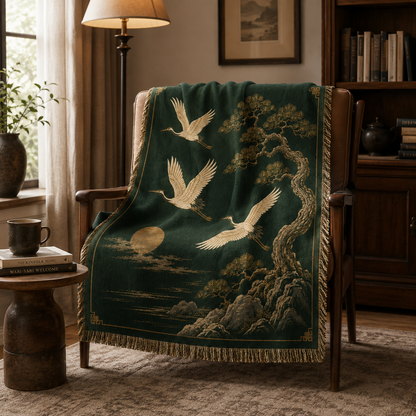 Forest green crane and pine woven blanket draped over a wooden reading chair