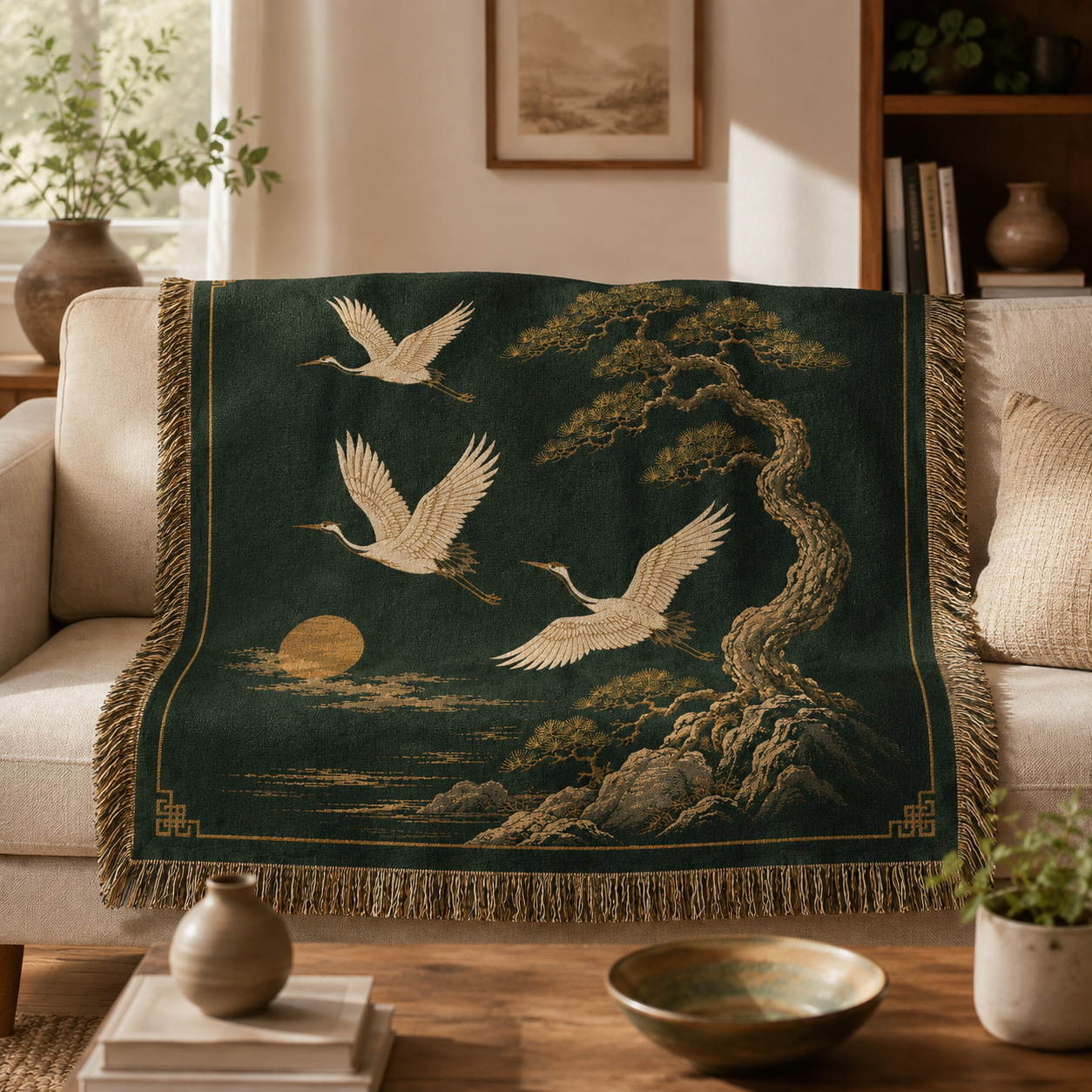 Crane and pine woven blanket styled on a beige sofa in a warm living room