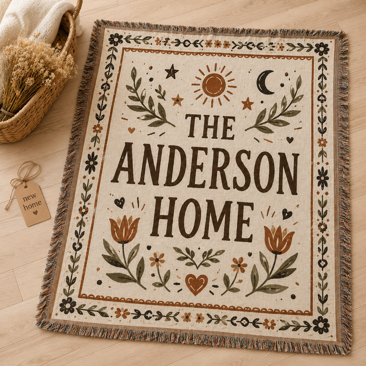 Custom family name woven blanket draped on a cozy chair