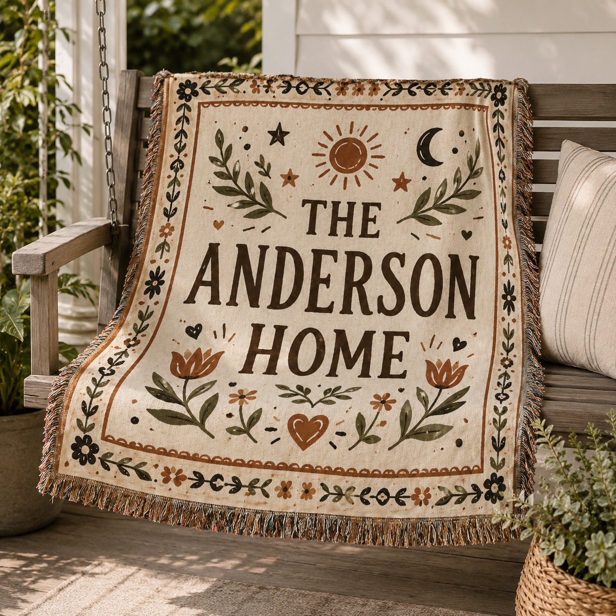 Custom family name woven blanket styled on a porch swing