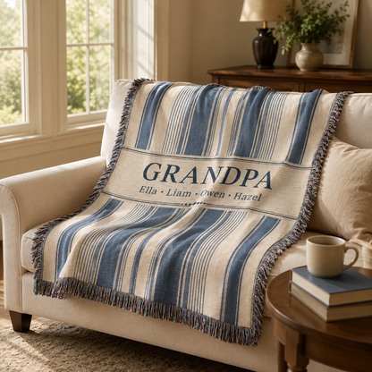 Custom Grandpa woven throw blanket on a living room sofa