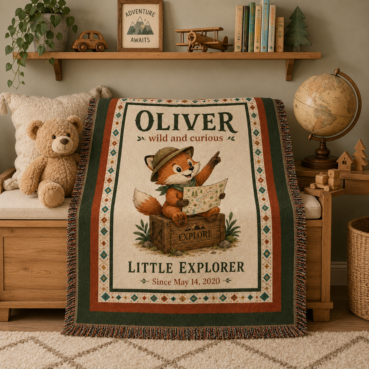 Custom name fox woven blanket displayed on a nursery bench