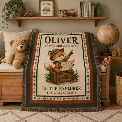 Custom name fox woven blanket displayed on a nursery bench