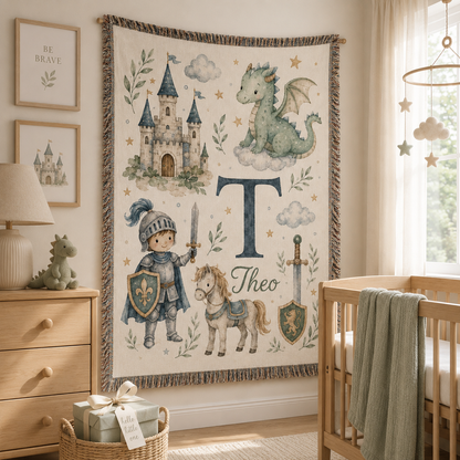 Custom name knight and dragon woven blanket in a cozy baby gift nursery scene