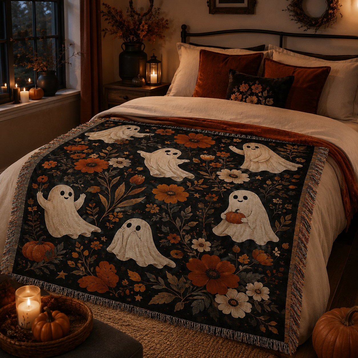 Cute ghost Halloween woven throw blanket across a cozy autumn bedroom bed