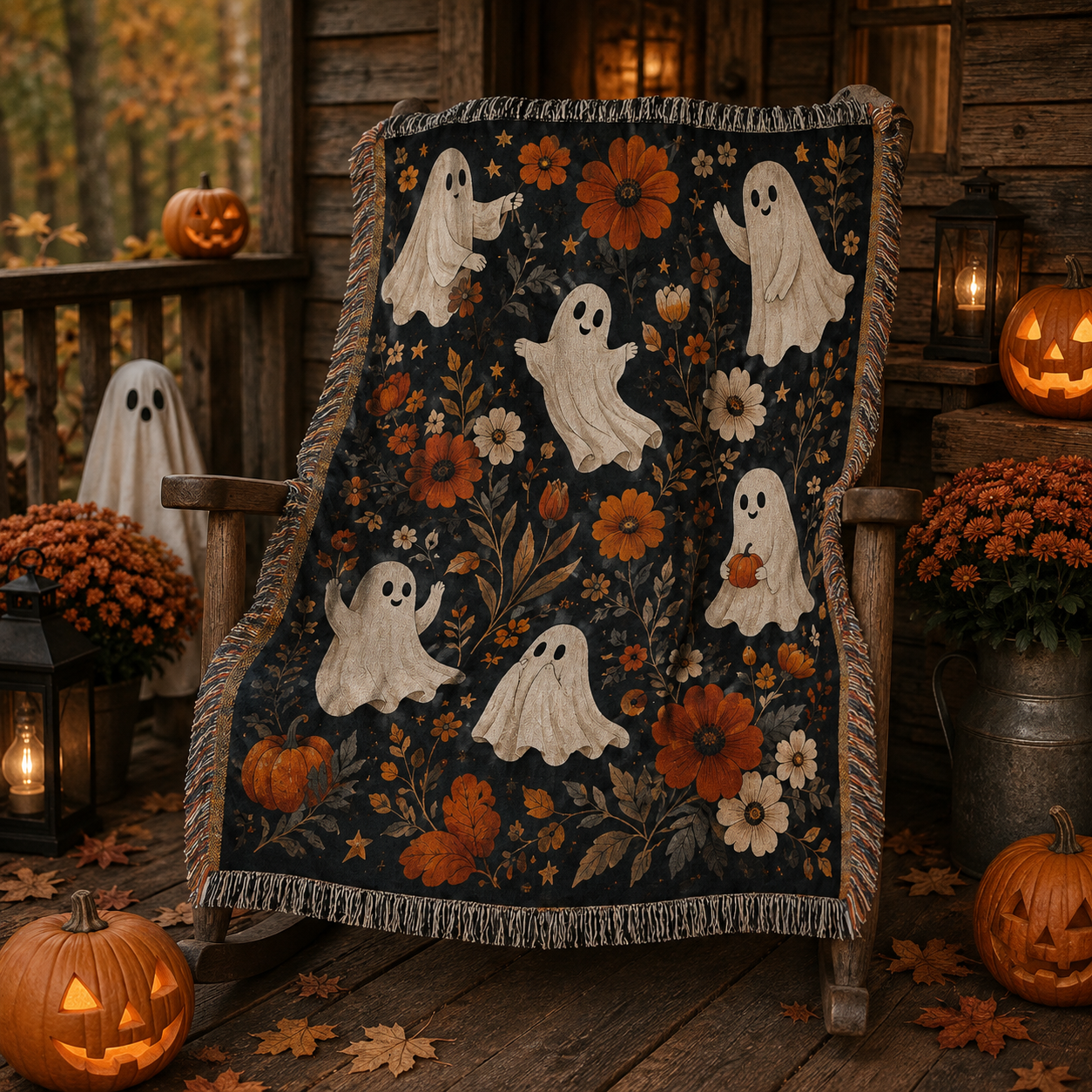 Cute ghost floral woven Halloween blanket styled on an autumn porch with pumpkins