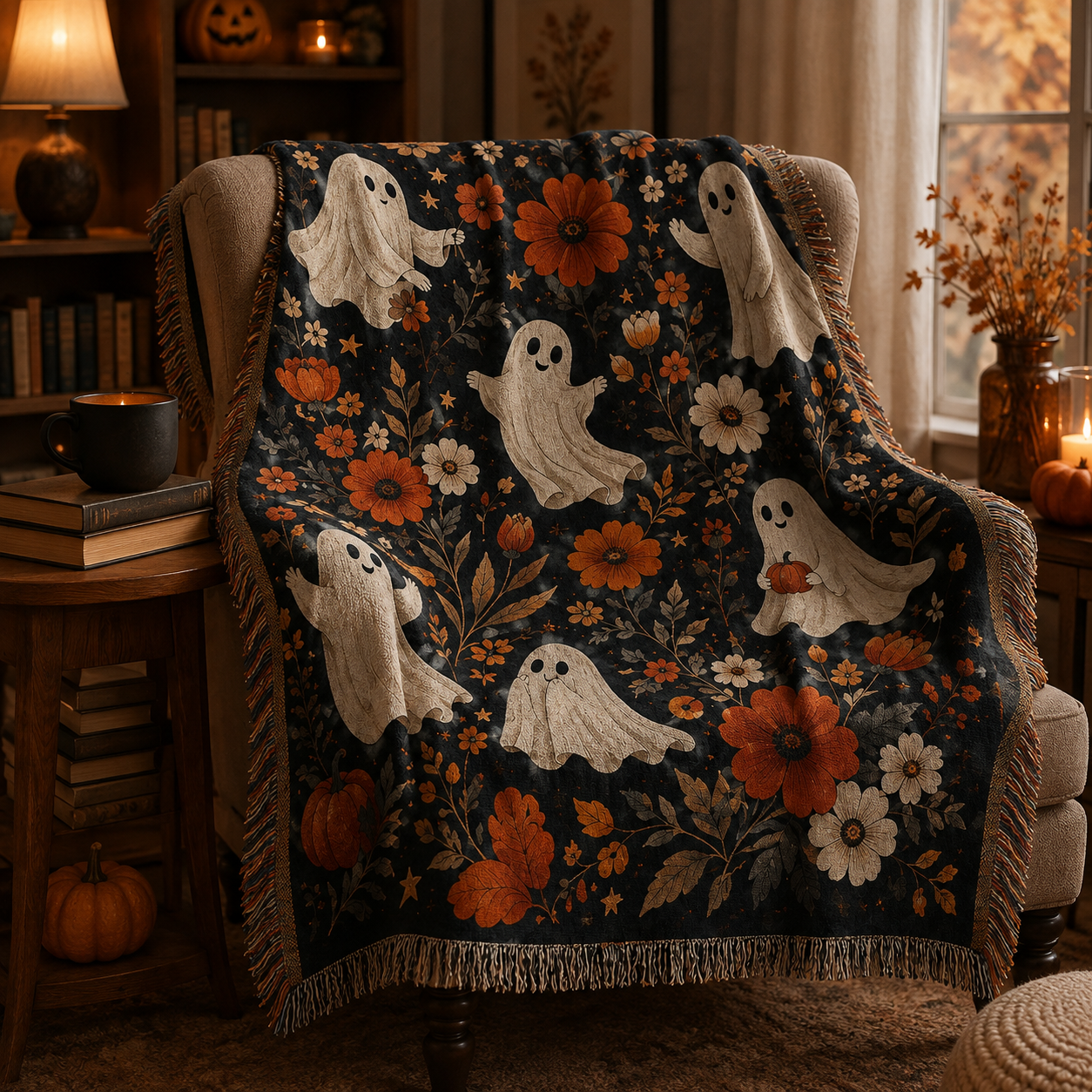 Ghost and autumn flower woven Halloween blanket in a cozy reading nook