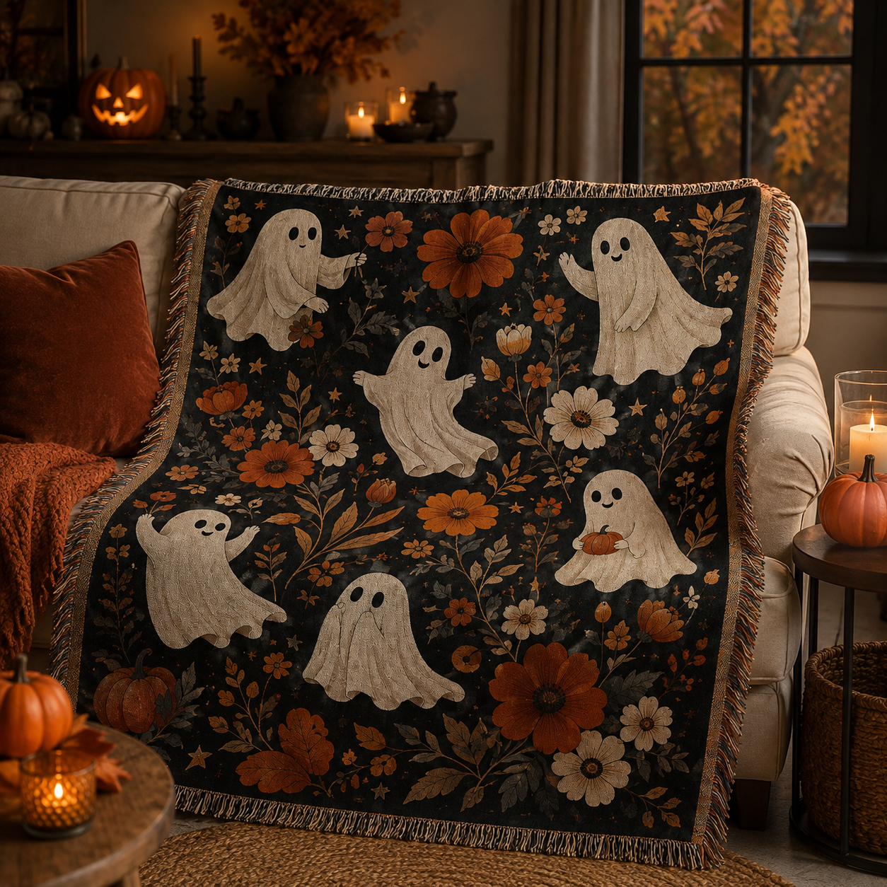 Ghost floral Halloween woven blanket styled on a cozy autumn sofa with pumpkins
