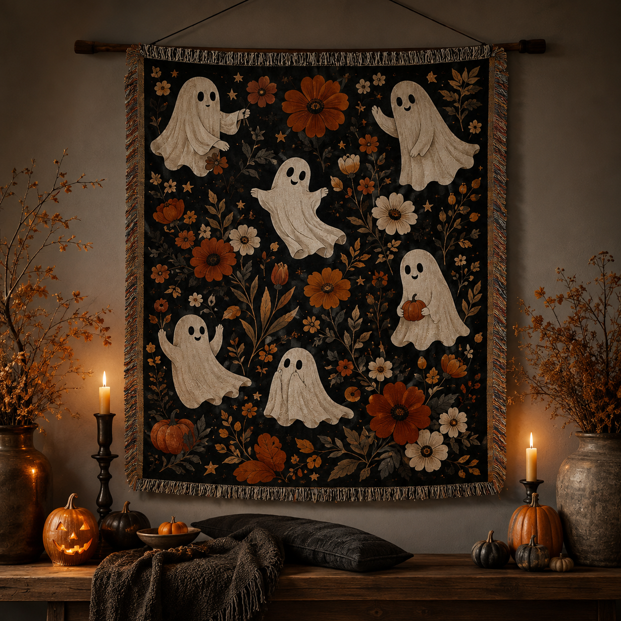 Ghost floral Halloween woven blanket displayed as autumn wall tapestry decor