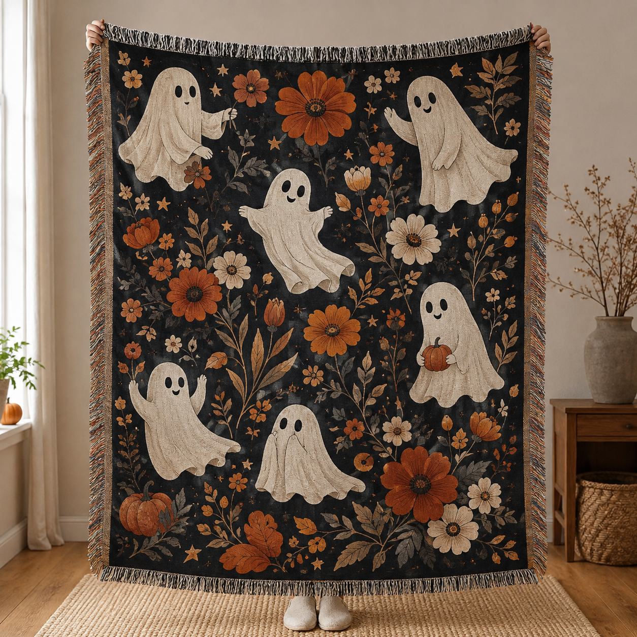 Cute ghost floral Halloween woven throw blanket with autumn flowers and fringe