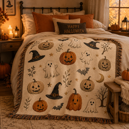 Cute Halloween woven blanket styled across a cozy bed with warm autumn decor