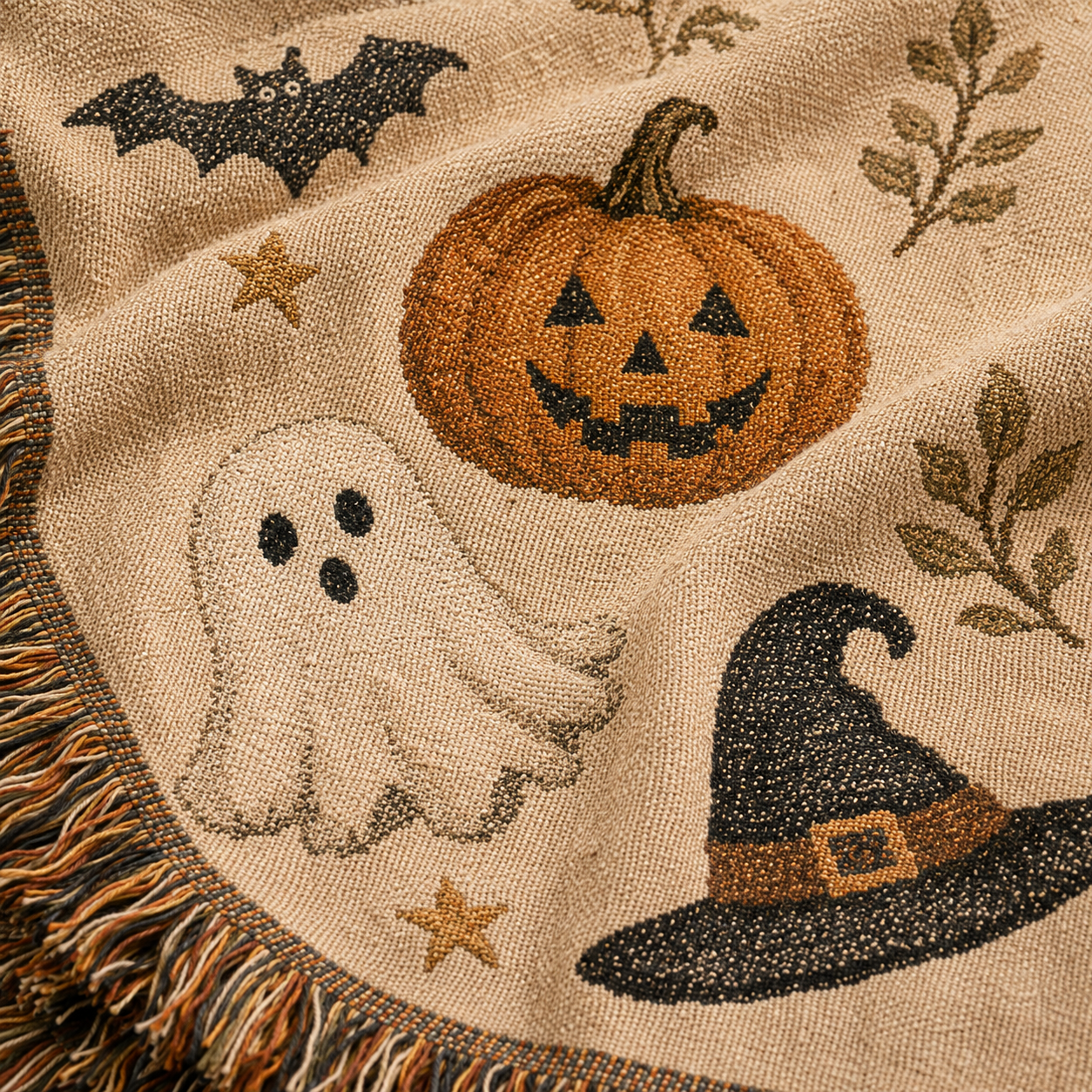 Macro close-up of Halloween woven blanket showing thread texture ghost pumpkin witch hat and multicolor fringe