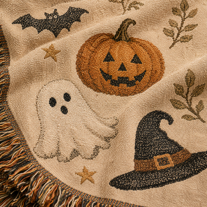 Macro close-up of Halloween woven blanket showing thread texture ghost pumpkin witch hat and multicolor fringe
