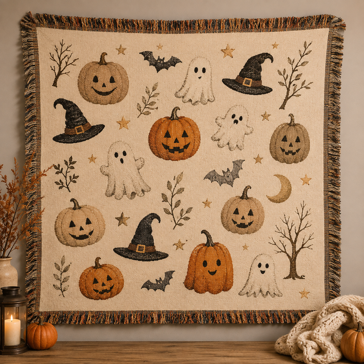 Cute Halloween woven blanket with ghosts pumpkins witch hats bats stars and fringe
