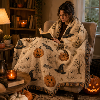 Reader wrapped in a soft Halloween woven blanket with ghosts pumpkins witch hats and bats