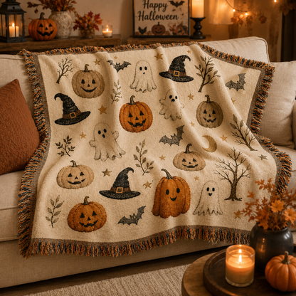 Soft Halloween woven blanket draped on a neutral sofa with pumpkins candles and autumn decor