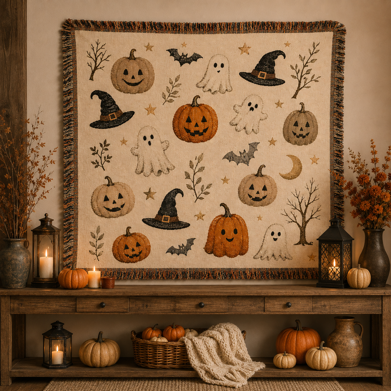 Halloween woven blanket displayed as wall decor above a rustic console with pumpkins and lanterns