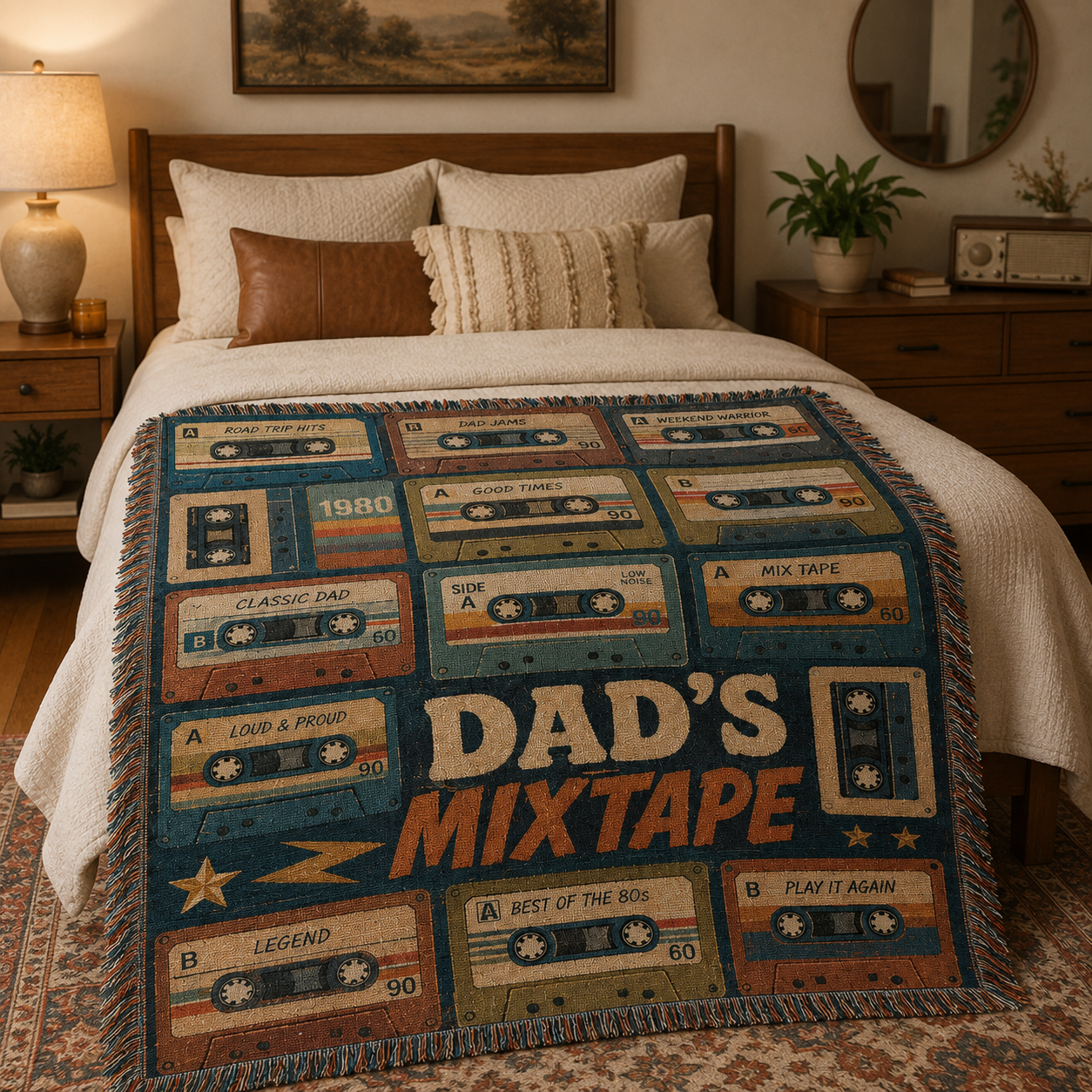 Dad's Mixtape retro cassette blanket styled across a bed