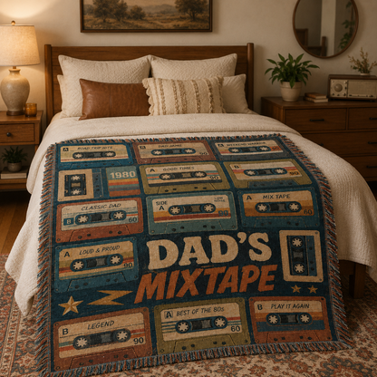 Dad's Mixtape retro cassette blanket styled across a bed