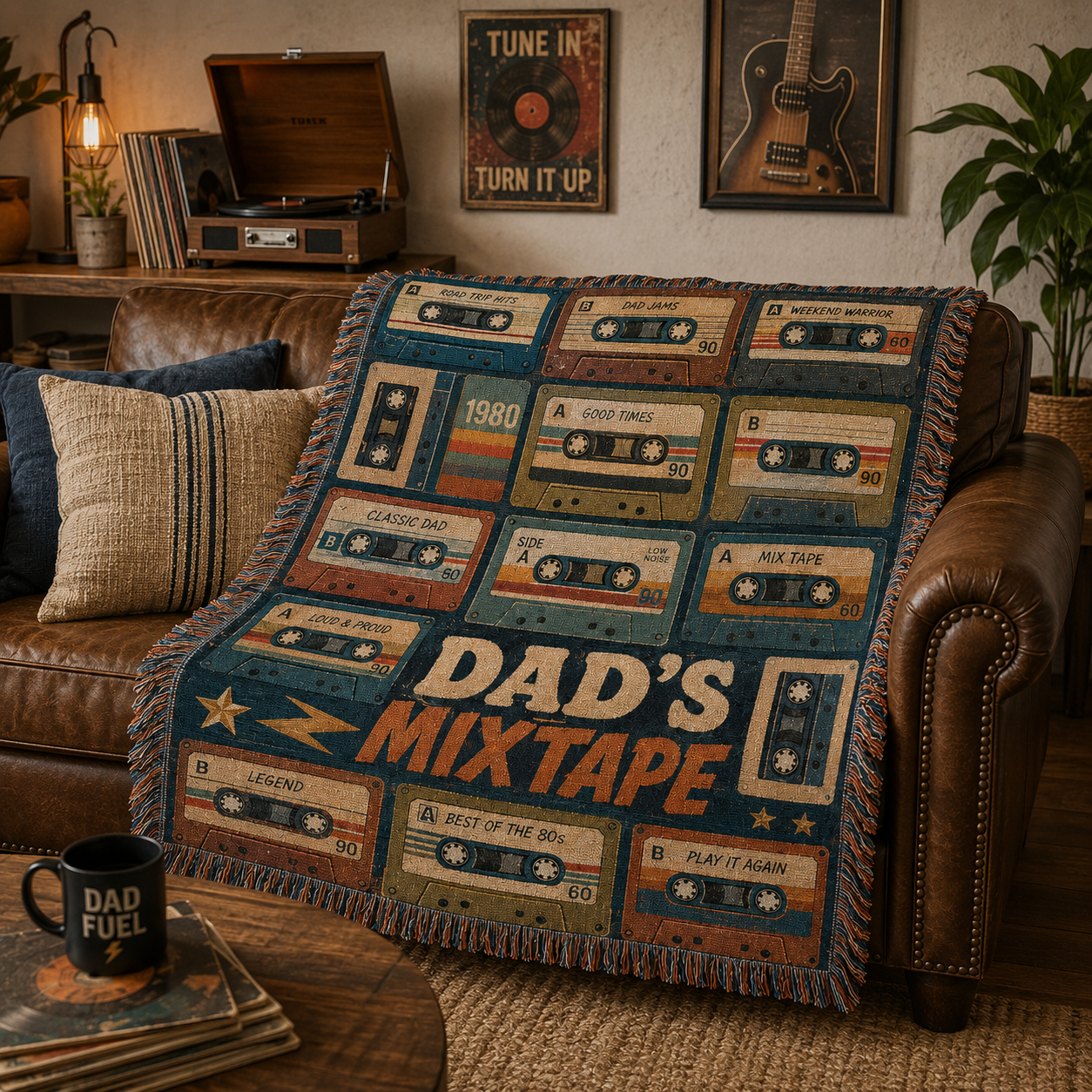 Dad's Mixtape woven blanket styled on a leather sofa