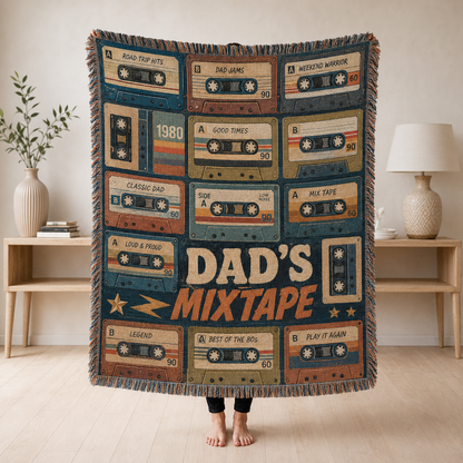 Dad's Mixtape retro cassette woven blanket front view