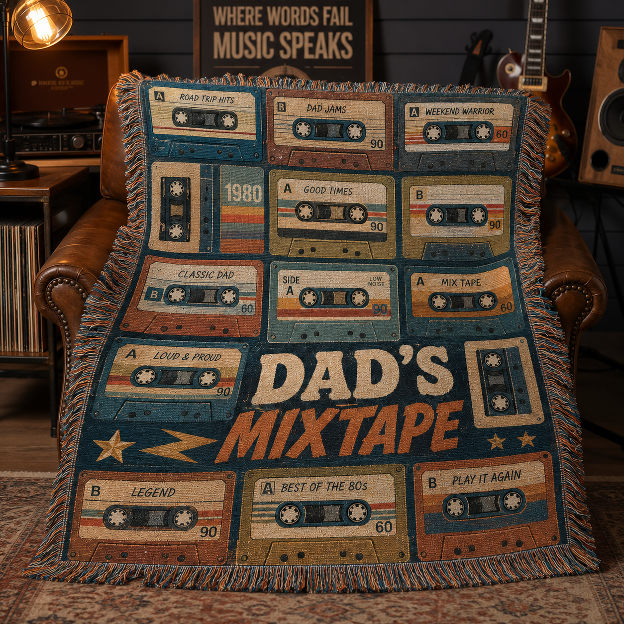 Dad's Mixtape retro cassette blanket displayed in a music room