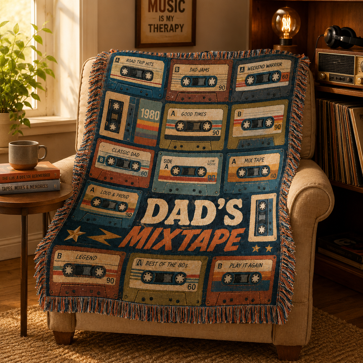 Dad's Mixtape woven blanket in a warm music reading nook