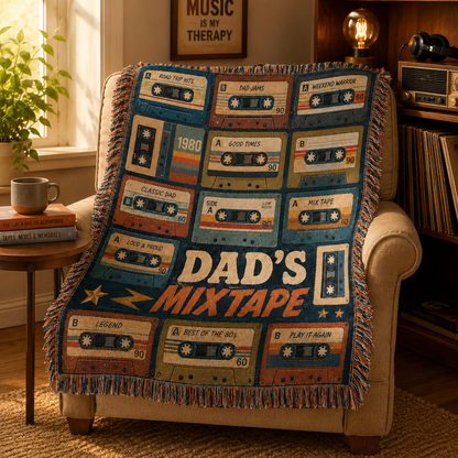 Dad's Mixtape woven blanket in a warm music reading nook