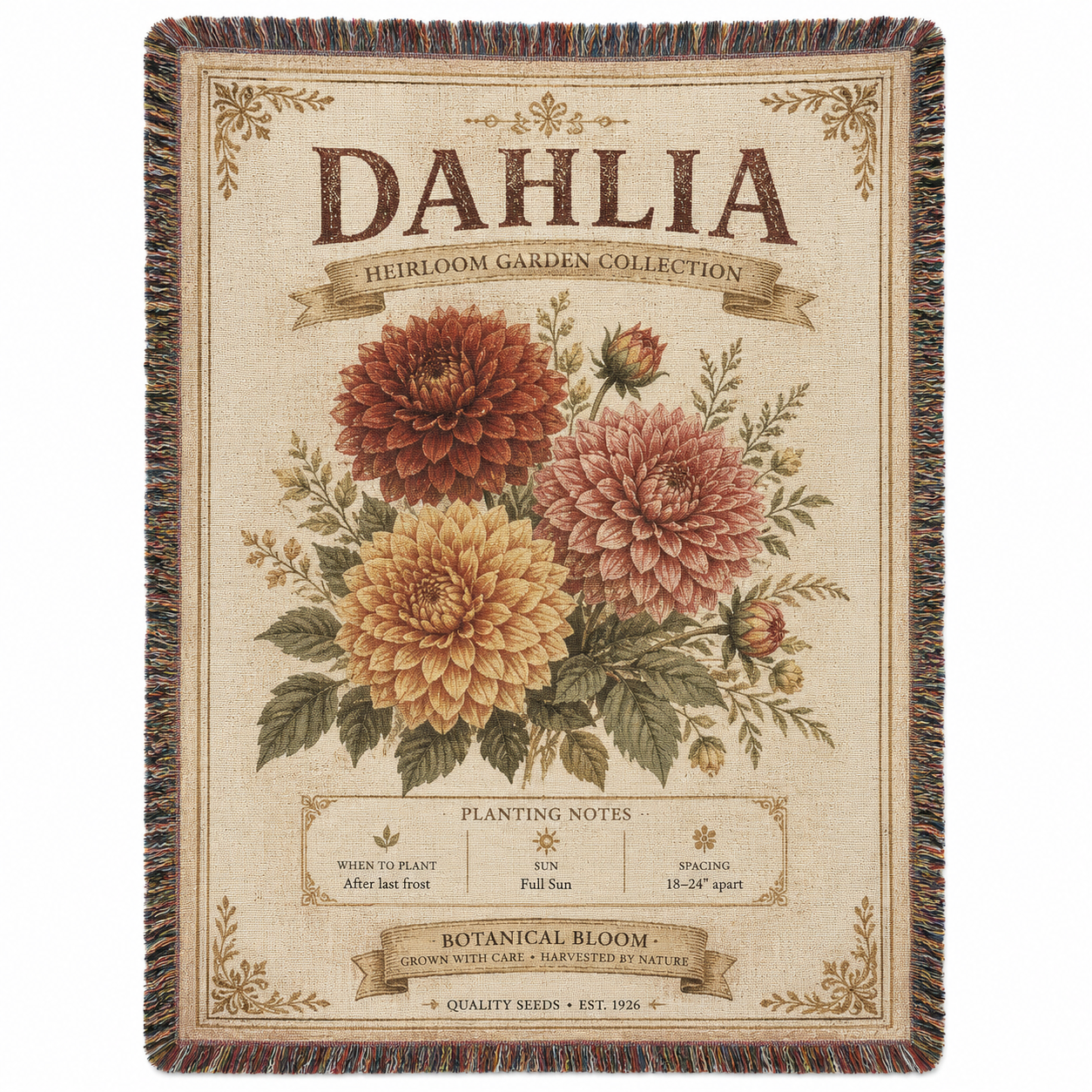 Dahlia heirloom garden woven blanket with vintage botanical design