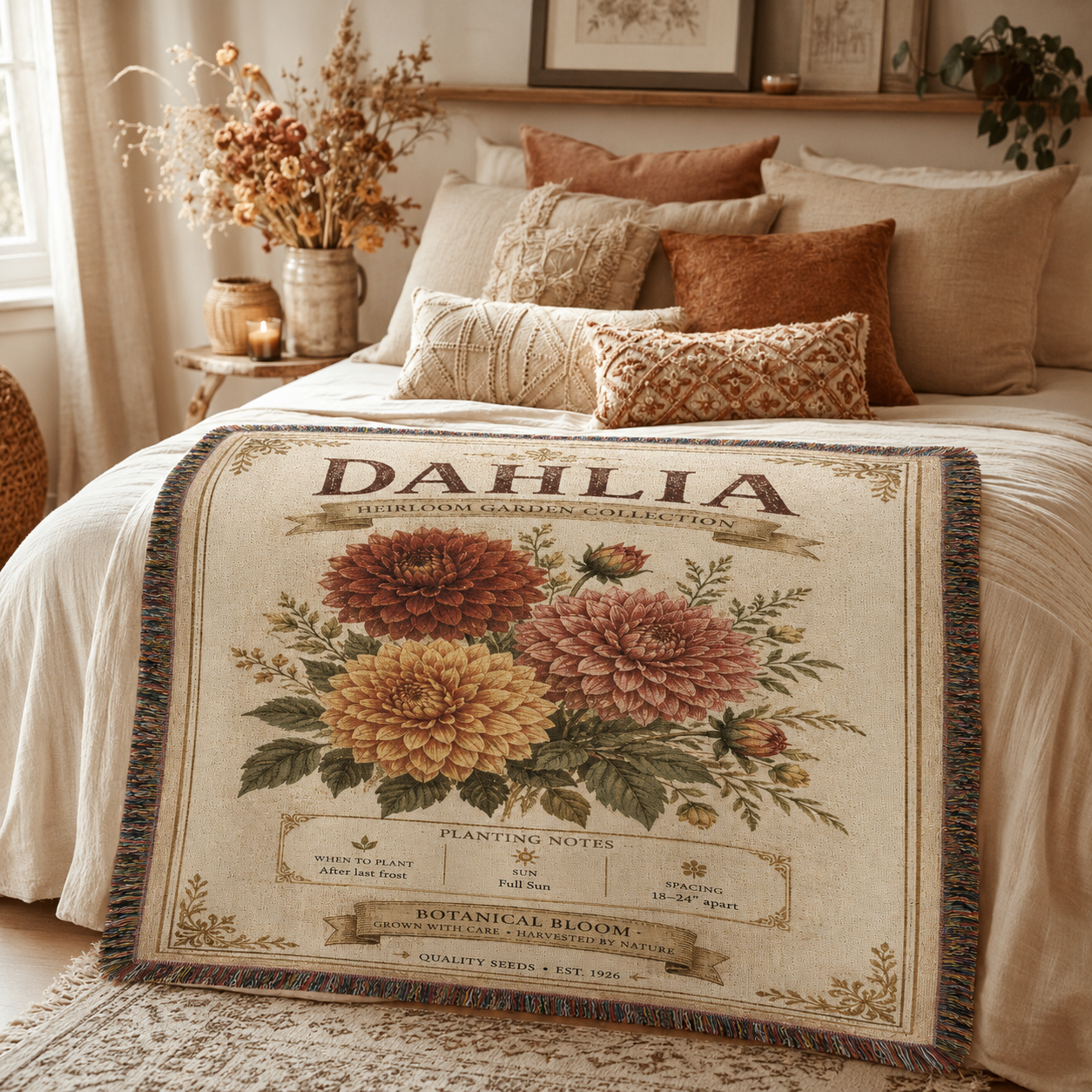 Dahlia heirloom woven throw styled across a warm boho bedroom
